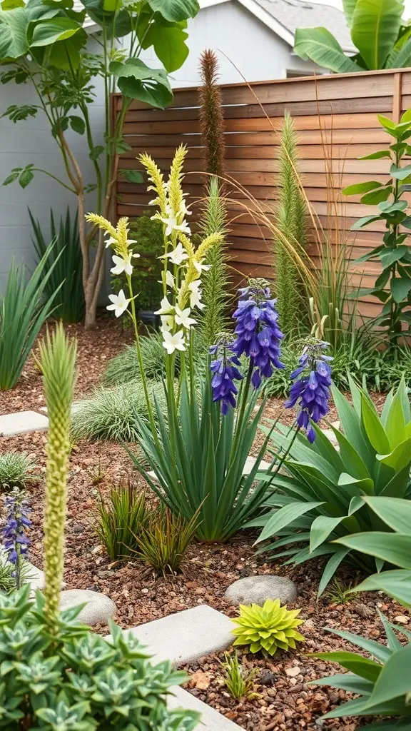 A modern backyard with a variety of sustainable plants, featuring colorful flowers and green foliage.