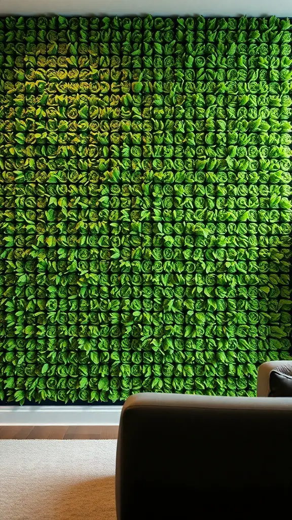 A vibrant artificial grass wall with a textured design, enhancing the interior space.