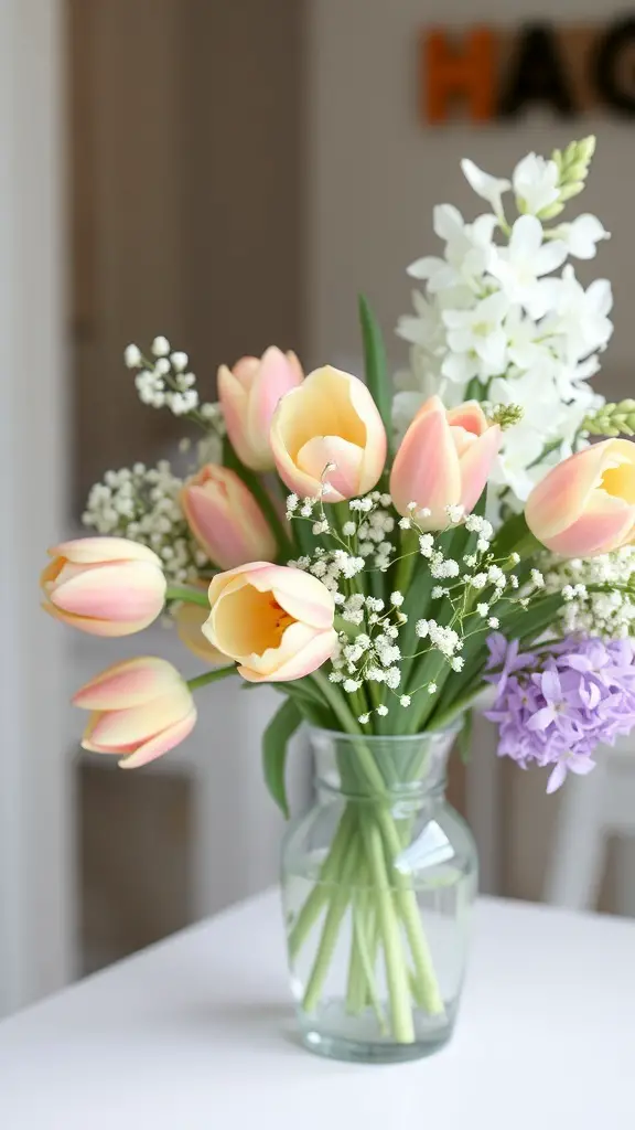 A soft pastel spring bouquet featuring pink and yellow tulips, baby’s breath, and purple hyacinths in a glass vase.