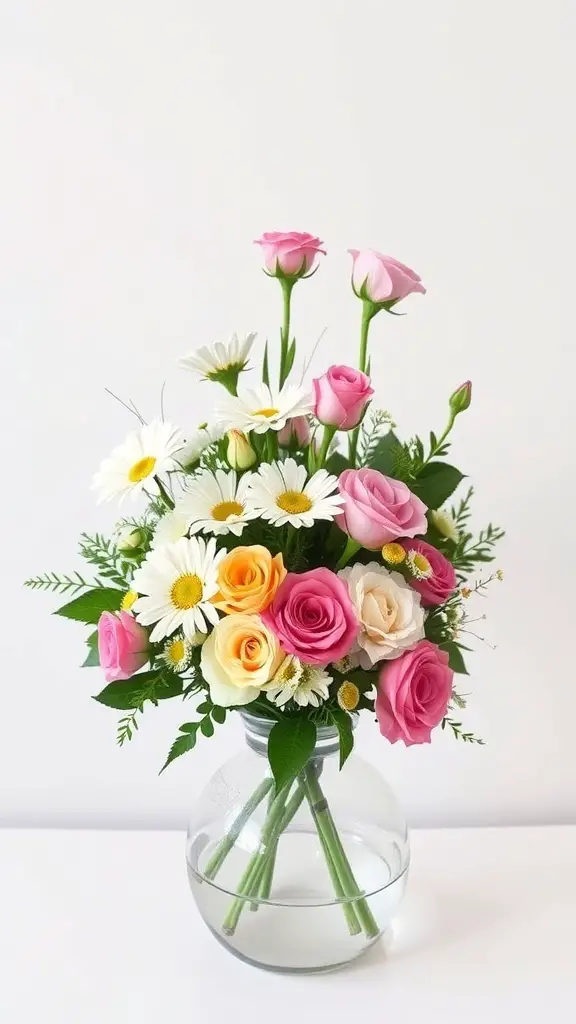 A beautiful bouquet of pink roses, white daisies, and yellow flowers in a clear vase.