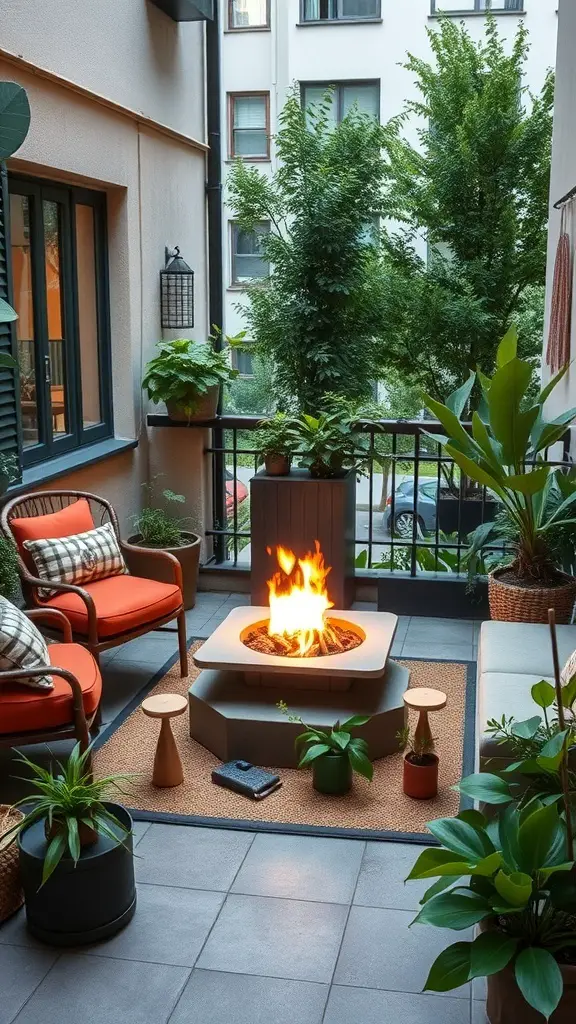 A small balcony garden featuring a fire pit surrounded by seating and plants.