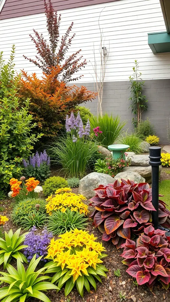 A vibrant backyard with colorful flowers and plants, showcasing seasonal color schemes.
