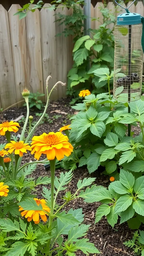 A vegetable garden with marigolds and green plants, showcasing pest management strategies.
