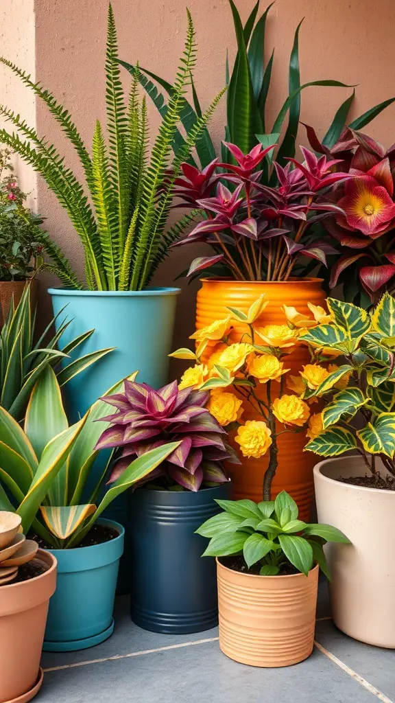 A collection of colorful pots with various plants, showcasing a vibrant container garden design.