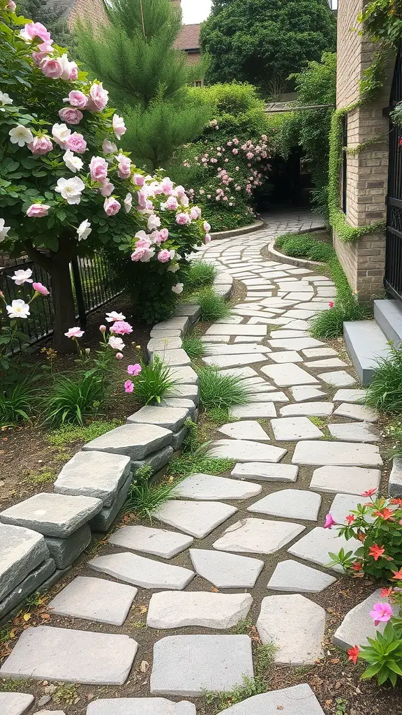 A winding stone pathway surrounded by flowers in a small garden.