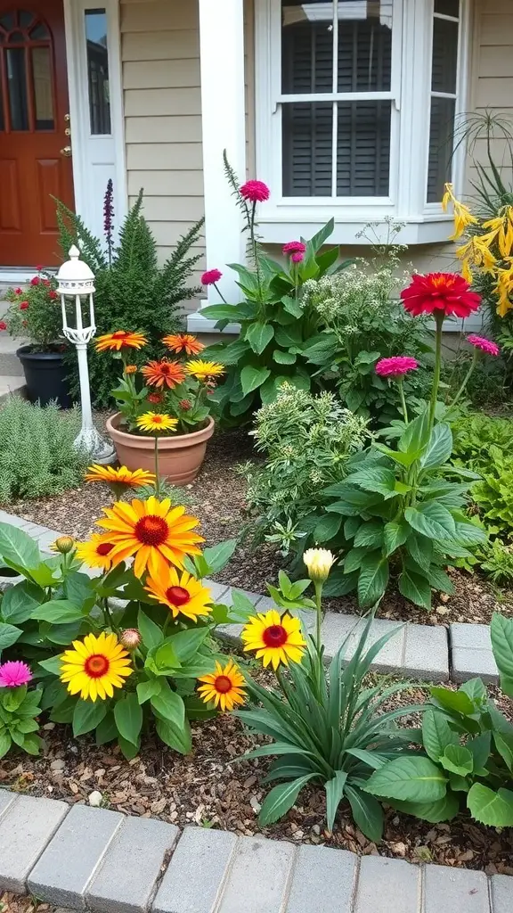 A colorful front garden with various flowers, including sunflowers and zinnias, surrounded by greenery.