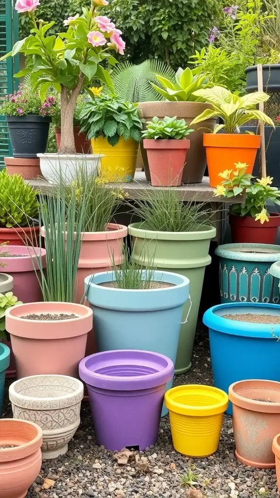 A variety of colorful gardening containers including plastic and ceramic pots, showcasing different sizes and styles.