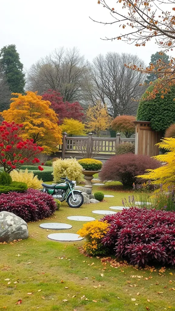 A serene zen garden showcasing autumn colors with red and yellow foliage.