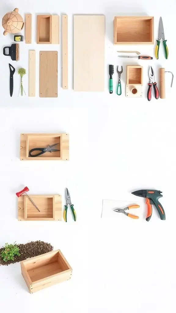 An arrangement of wooden pieces and tools for building a flower box.
