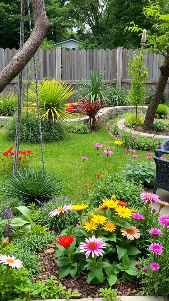 A vibrant backyard garden featuring a variety of colorful native plants and flowers.