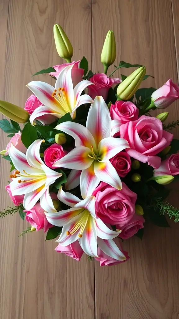 A bouquet featuring pink roses and white lilies, with unopened lily buds, arranged beautifully on a wooden surface.
