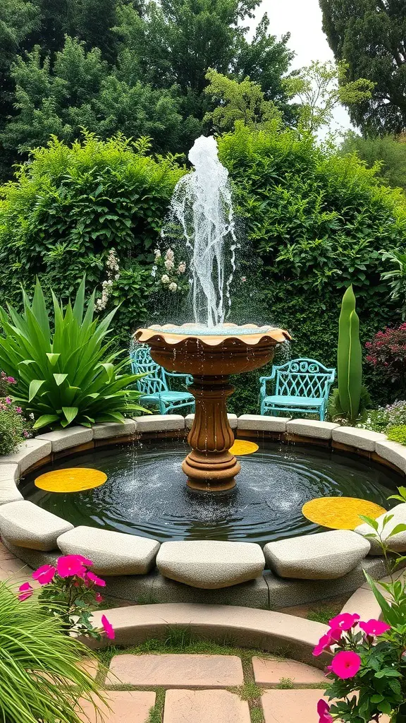 A beautiful fountain in a garden surrounded by greenery and flowers, with blue chairs nearby.