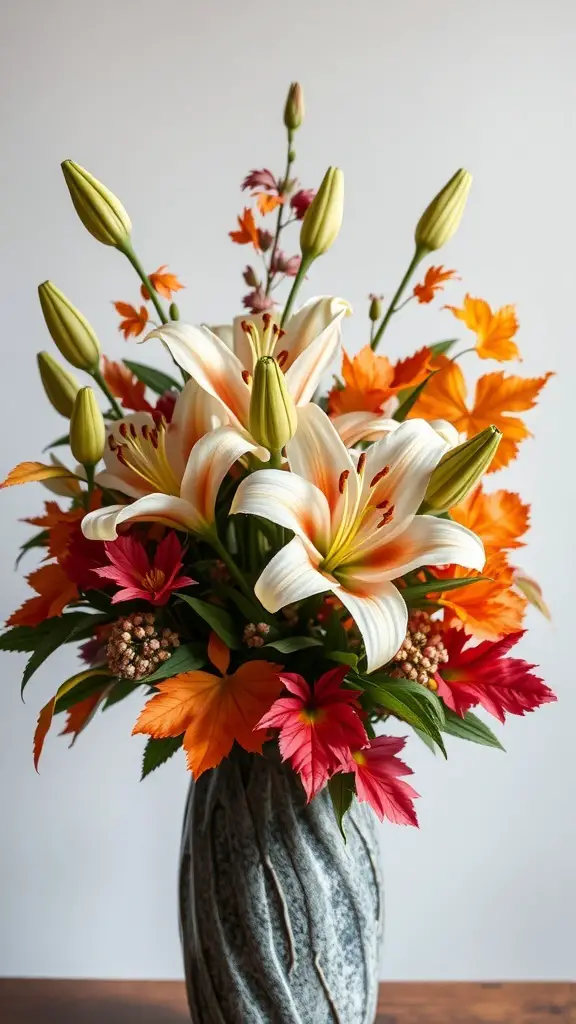 A vibrant seasonal lily bouquet featuring white lilies, autumn leaves, and colorful blooms in a decorative vase.