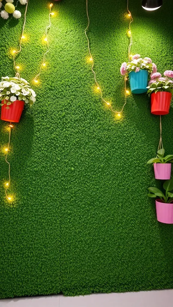 Decorative artificial grass wall with hanging flower pots and string lights