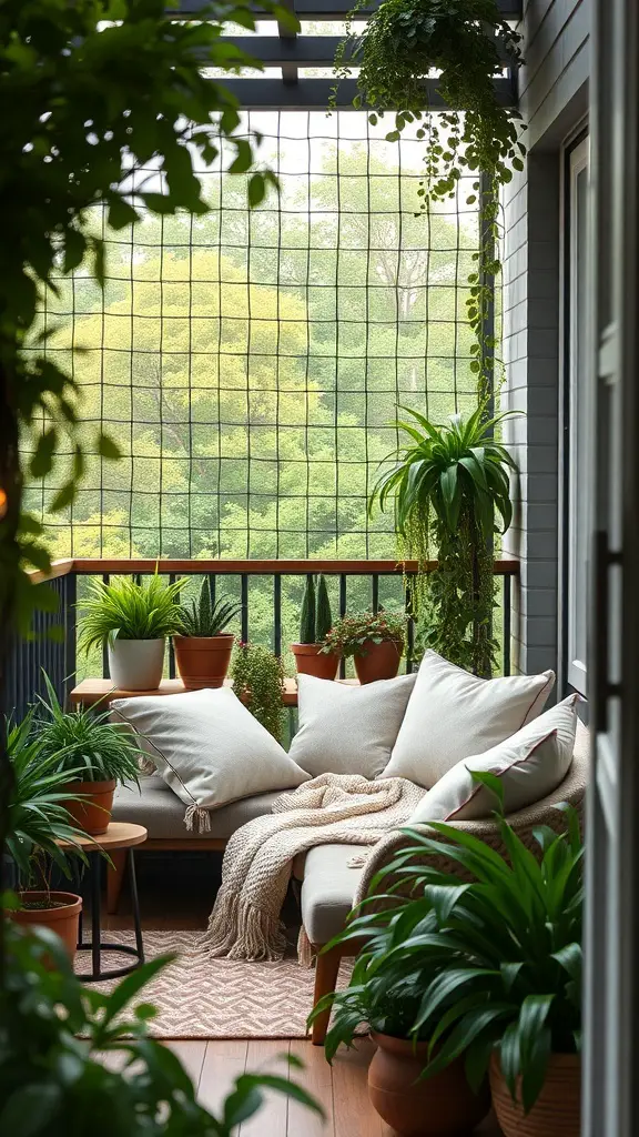A cozy balcony with cushions, plants, and a warm atmosphere