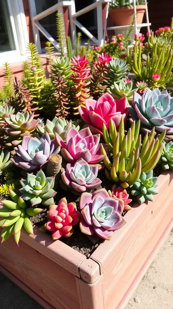A vibrant succulent flower box filled with various types of succulents in a wooden planter.