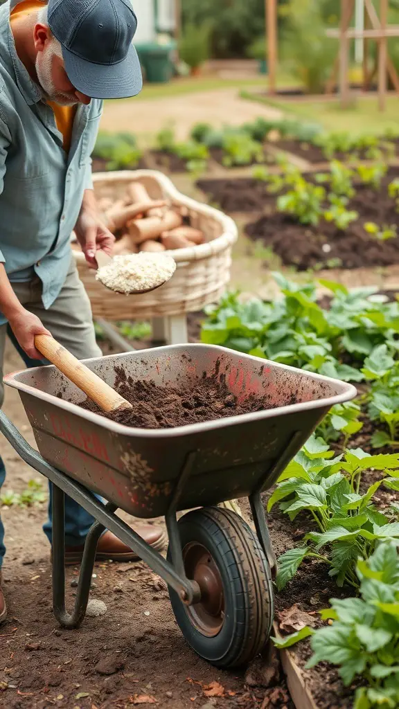 A person mixing soil in a wheelbarrow, preparing for a vegetable garden.