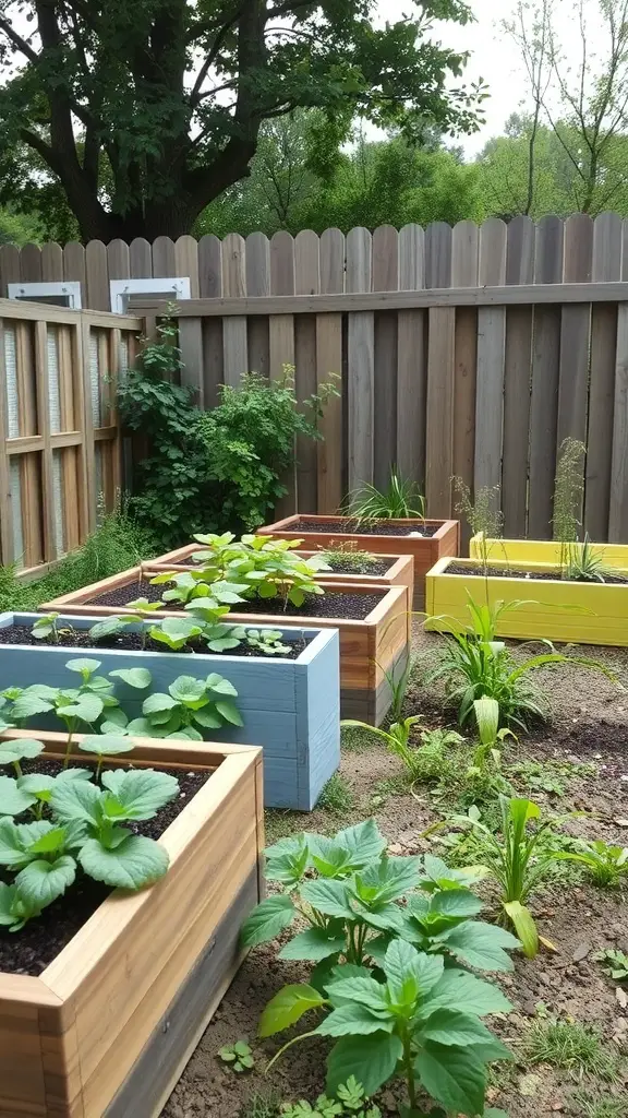 Colorful raised garden beds with various plants growing in them.