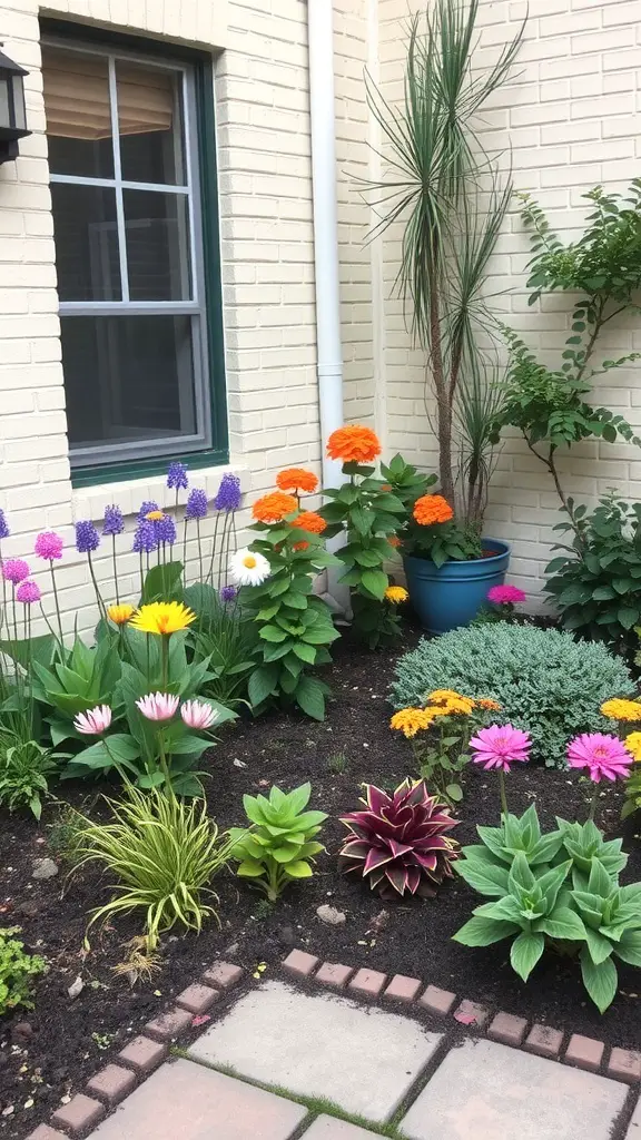 A small courtyard garden filled with colorful flowers and plants, showcasing seasonal planting strategies.