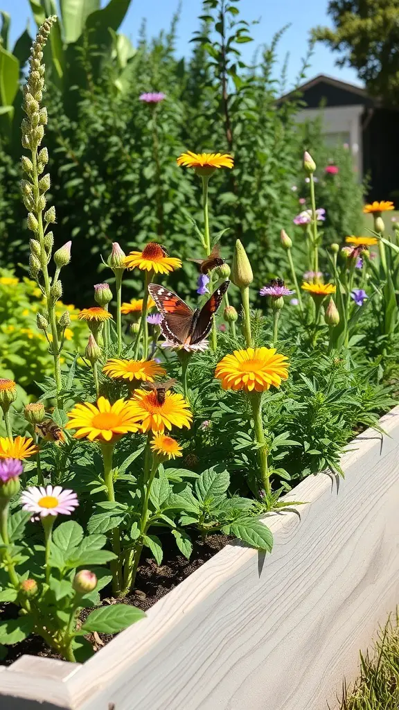 A vibrant raised flower bed filled with colorful flowers and a butterfly