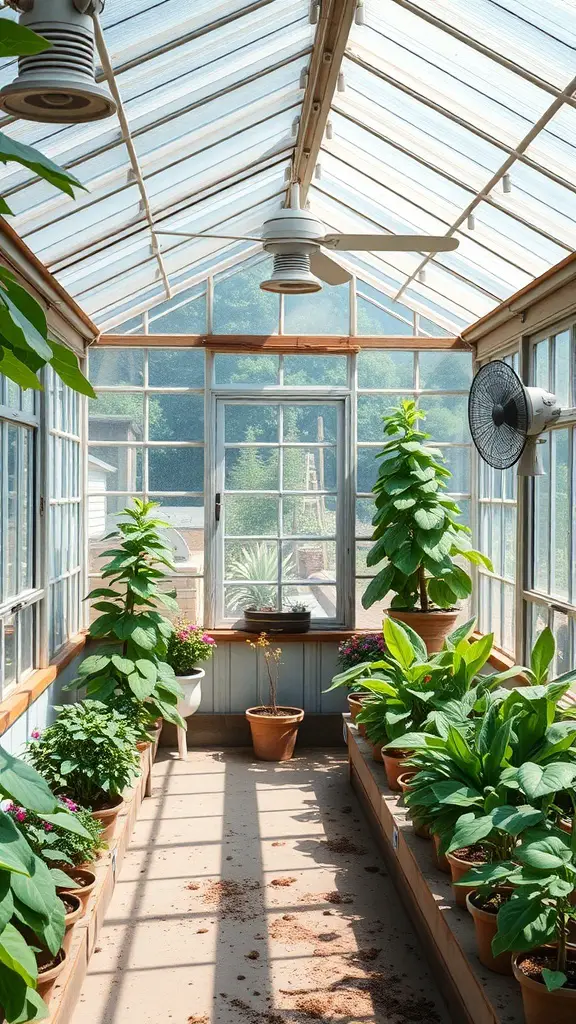 Interior of a greenhouse featuring natural ventilation with plants in pots and ceiling fans.