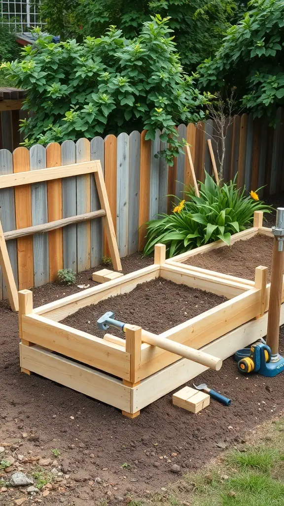 A wooden raised flower bed under construction, filled with soil, surrounded by greenery and a wooden fence.