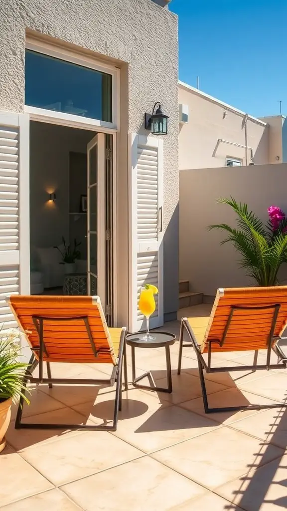 Two lounge chairs on a patio with a small table and drinks.