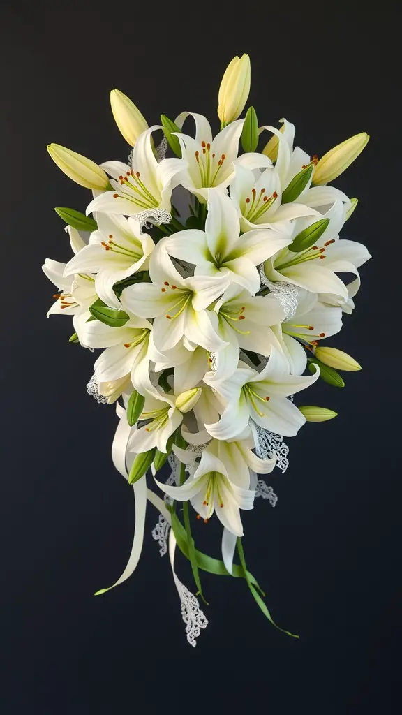 A beautiful cascade bouquet of white lilies with ribbons and lace.