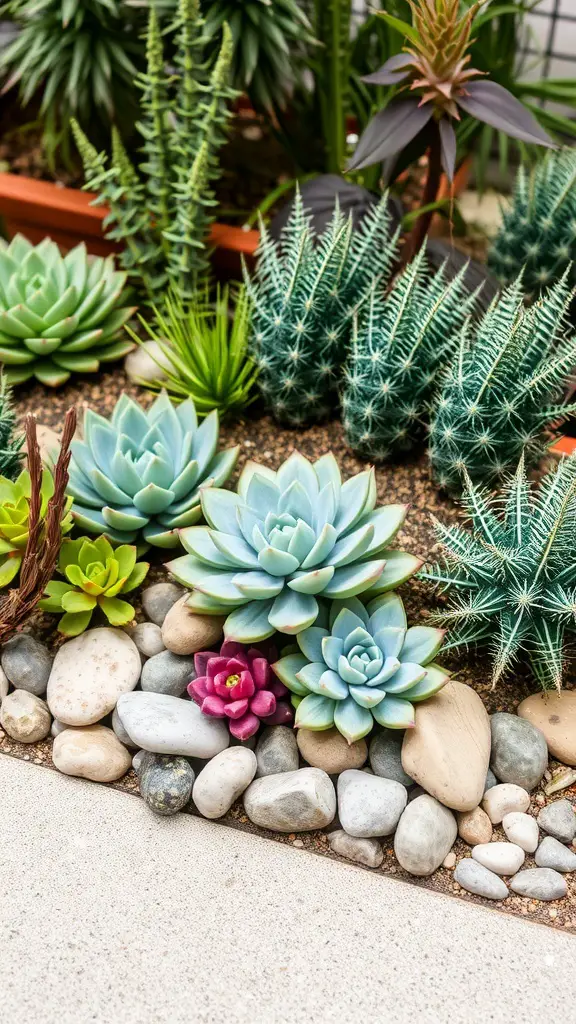 A vibrant display of various succulents arranged with pebbles in a small garden.