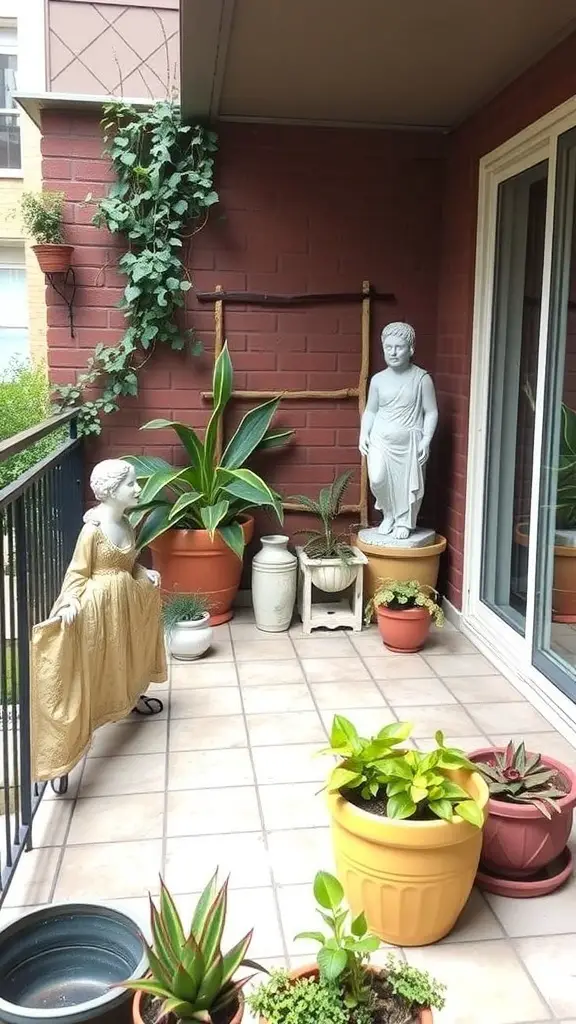 A small balcony garden featuring various plants, a statue, and decorative elements.