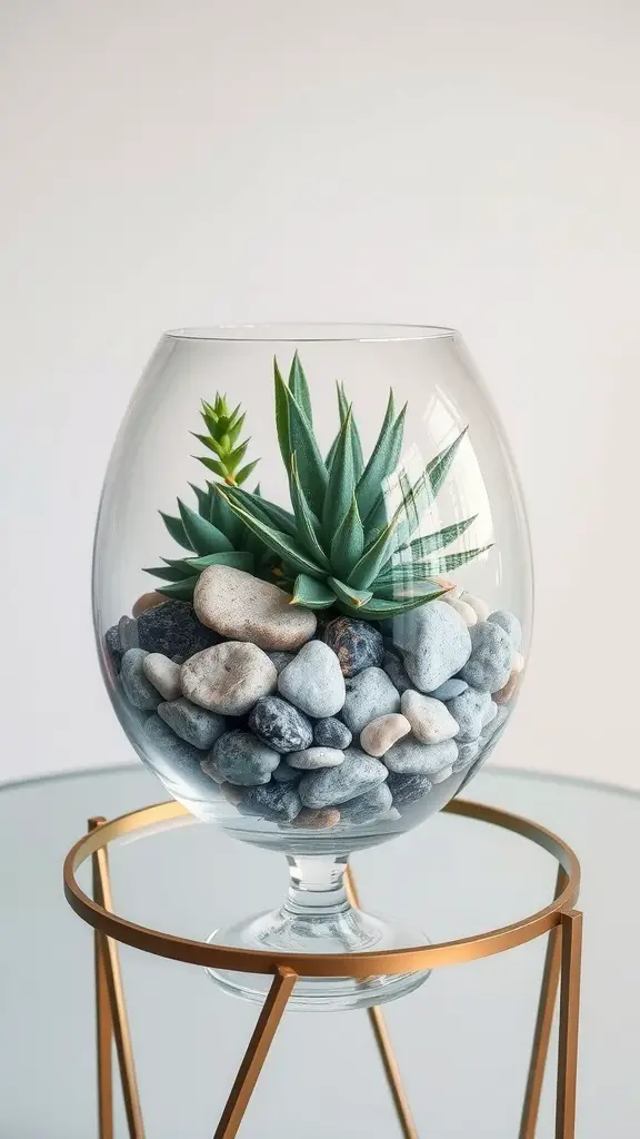 A glass terrarium planter with a succulent and smooth stones inside.