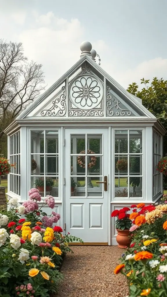 A traditional Victorian greenhouse surrounded by colorful flowers.