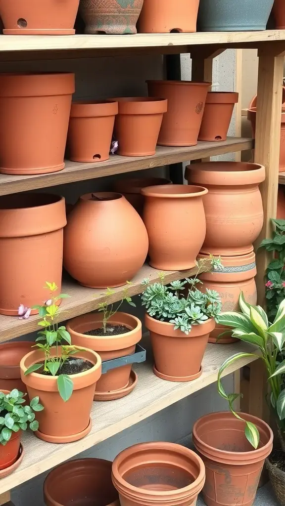 A variety of terracotta pots of different sizes displayed on wooden shelves, some with plants in them.