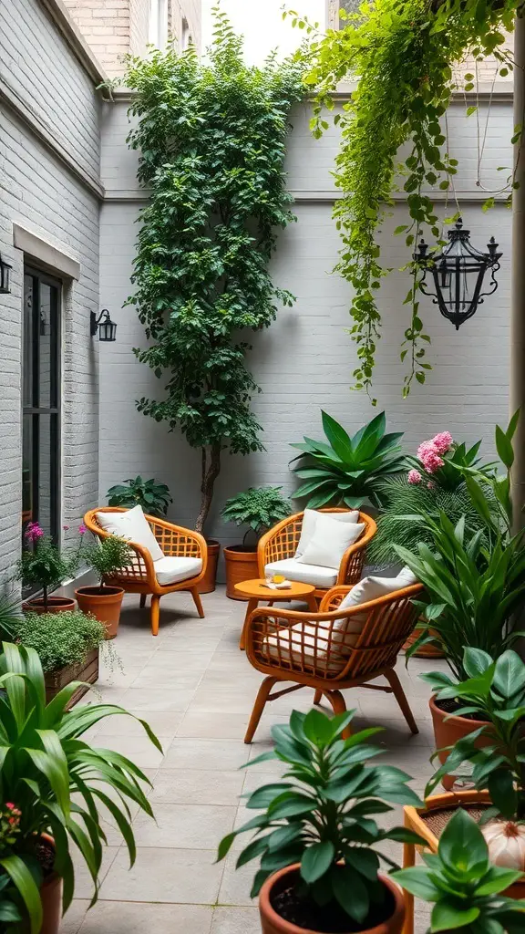A cozy courtyard garden with comfortable seating, lush plants, and soft lighting.