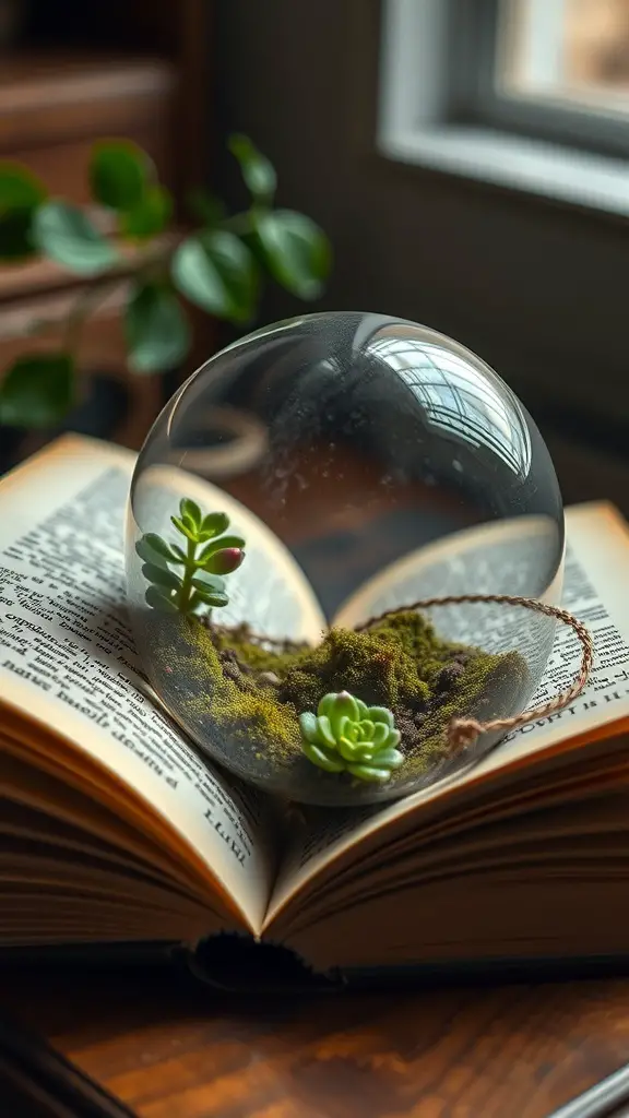 A glass terrarium with succulents and moss placed on an open vintage book.