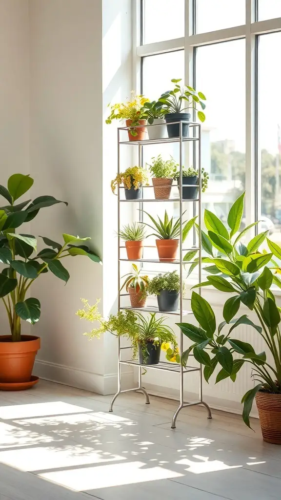 A multi-tiered metal plant display filled with various potted plants near a large window.