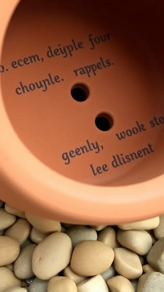 Close-up of a terracotta pot showing drainage holes at the bottom, placed on pebbles.
