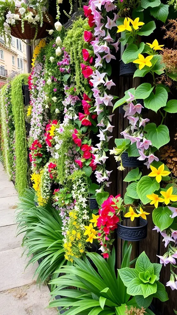 A vibrant vertical garden filled with colorful flowers and lush greenery.