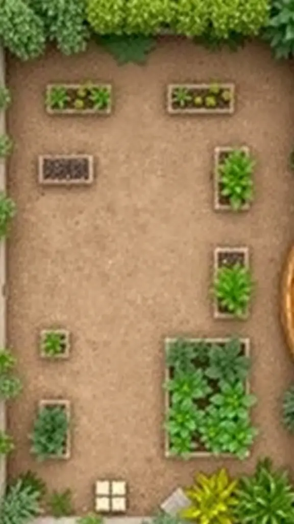 A top-down view of a garden layout featuring various raised garden beds filled with plants.