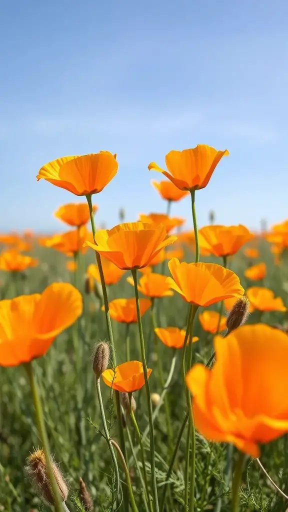 A field of bright orange California poppies under a clear blue sky.