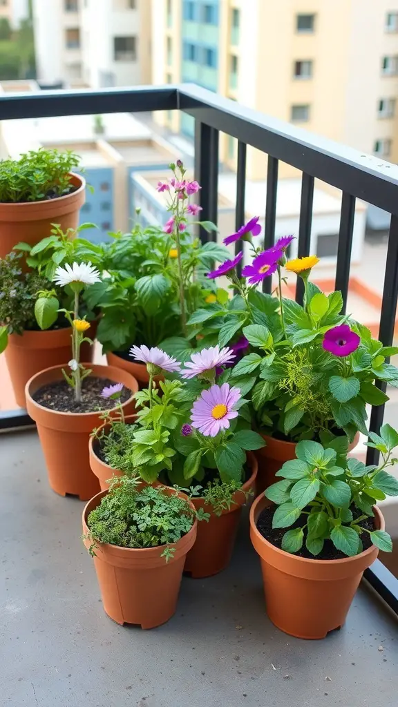 A collection of potted herbs and flowers on a balcony.