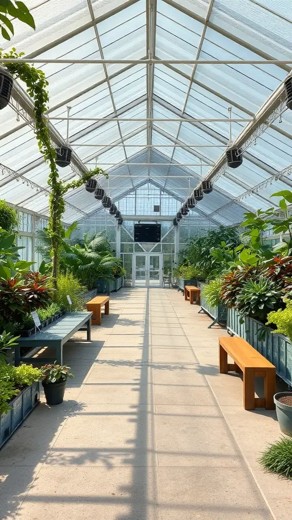 Interior view of a hybrid greenhouse with plants and benches