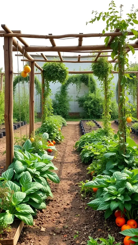 A vibrant edible garden with leafy greens and hanging fruits on a wooden trellis.