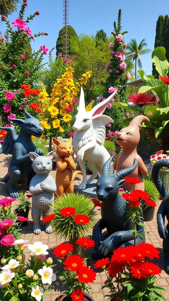 A collection of colorful garden statues surrounded by vibrant flowers.