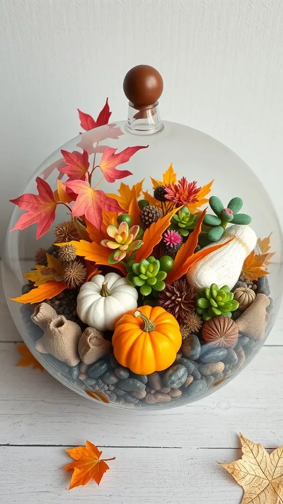 A seasonal themed terrarium featuring autumn leaves, pumpkins, and succulents in a glass container.