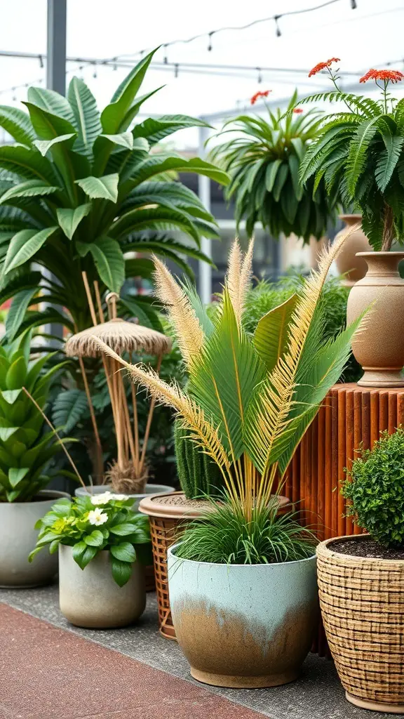 A variety of plants in different pots, showcasing creative container gardening.