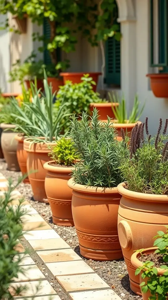 Mediterranean herb garden with terracotta pots and various herbs