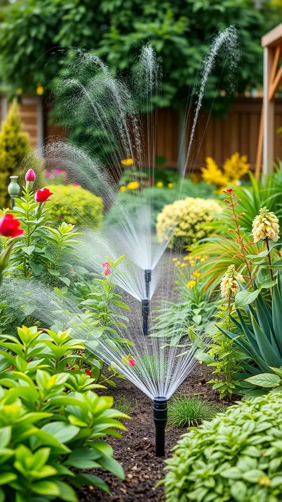 Sprinklers watering a colorful garden with various plants and flowers.