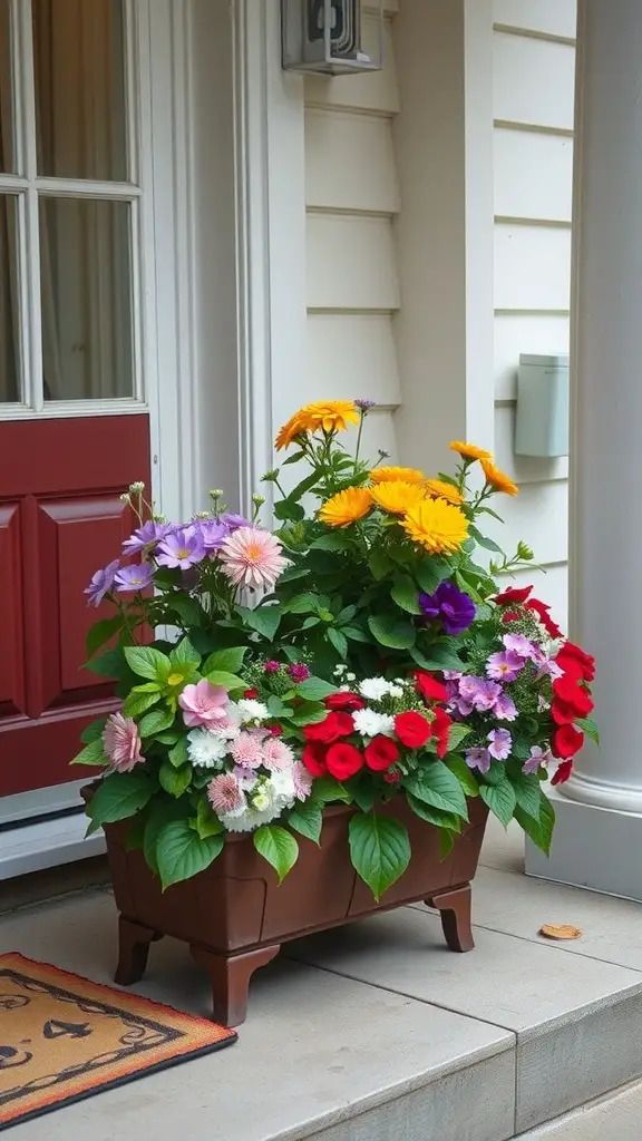 A colorful flower box filled with various flowers, placed by a front door.
