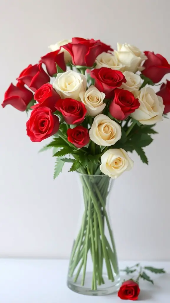A beautiful arrangement of red and white roses in a clear glass vase.